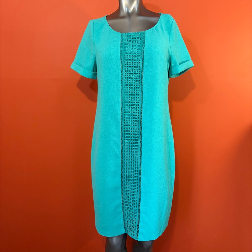 The Limited Teal Shift Dress with Textured Crochet Panel